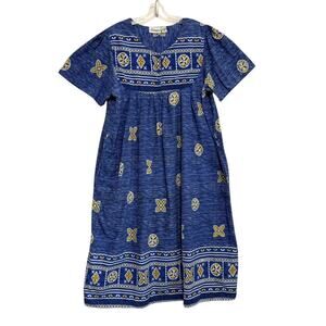 Loungees Border Print Cotton Lounge House Dress Muumuu Blue Yellow Womens 2X